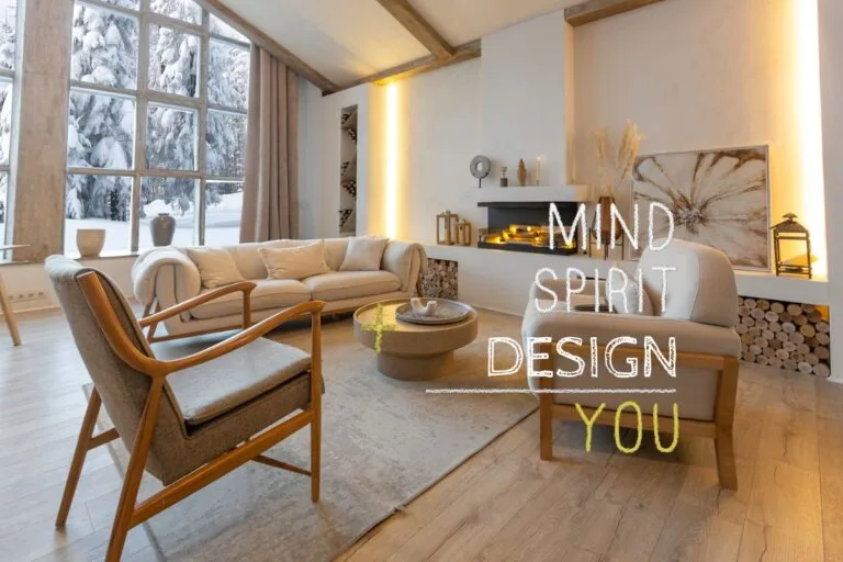 Living room with a serene aesthetic, featuring neutral tones, natural elements, and the text "MIND SPIRIT DESIGN YOU," illustrating New Age interior design principles