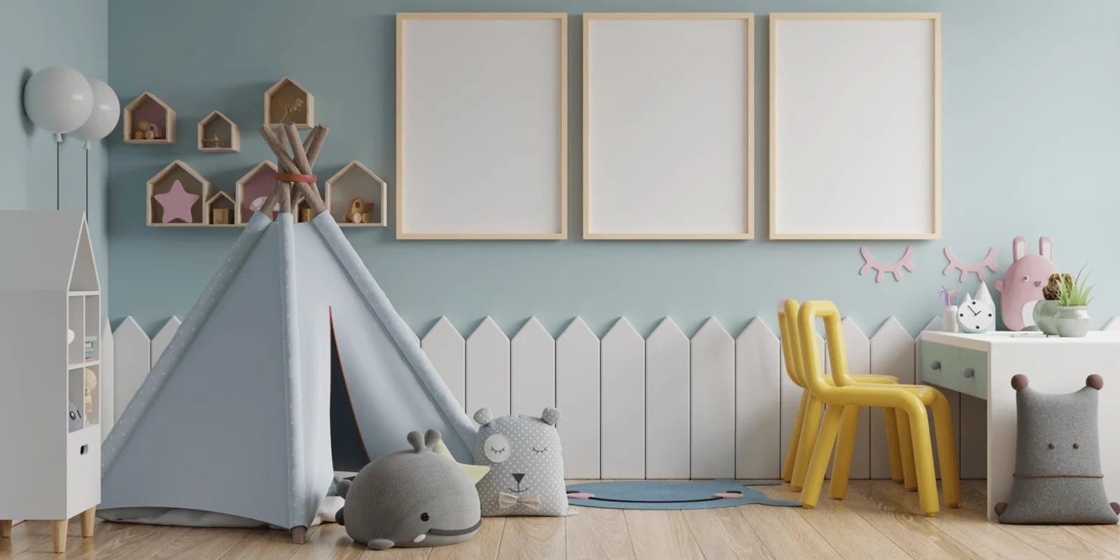 Kids' room with turquoise walls, a teepee, and soft toys, illustrating the use of cool colors in suitable spaces