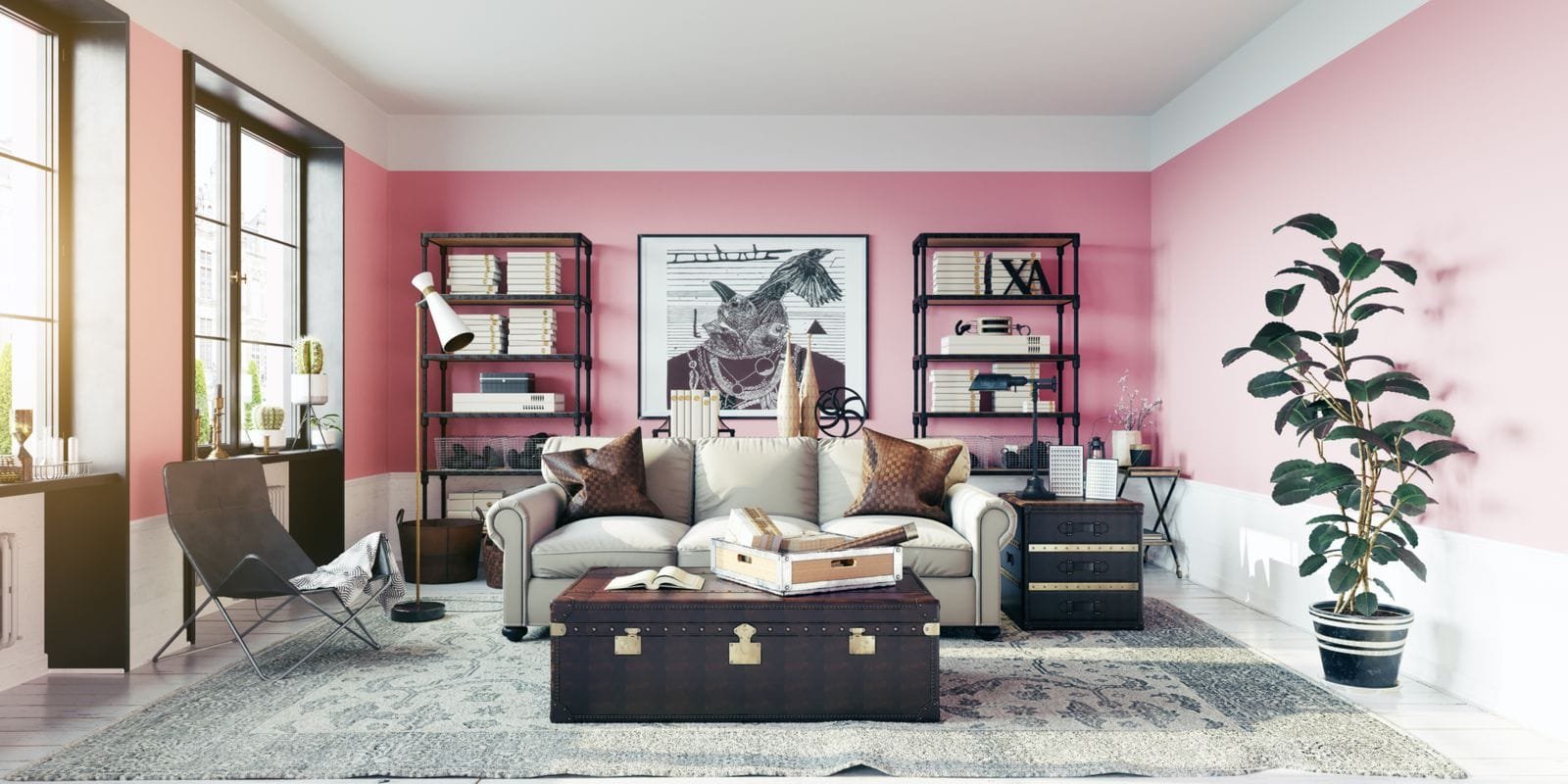 A stylish living room with a pink and white color scheme