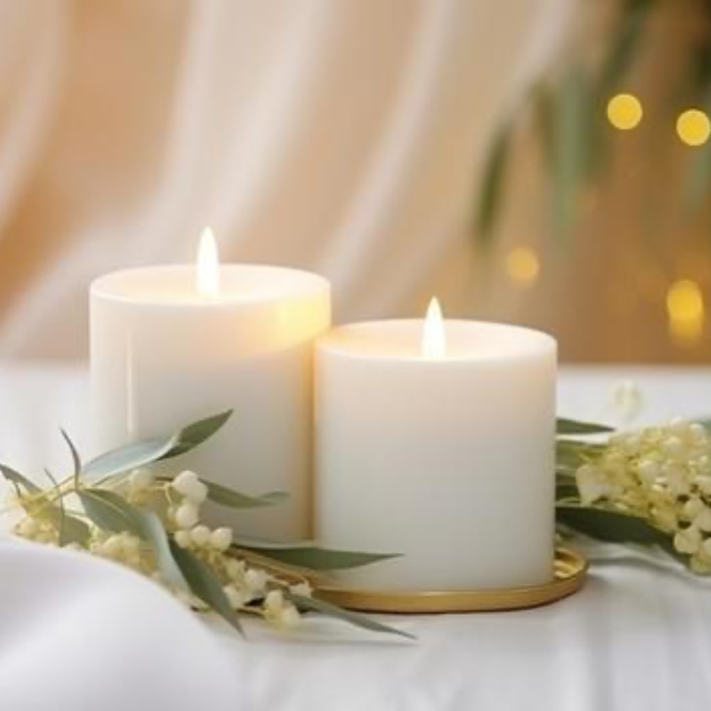 A simple yet elegant arrangement of pristine white candles, positioned to evoke a sense of purity and serenity. The clean, neutral tones convey a timeless and classic aesthetic. The soft glow from the flickering flames adds a gentle and calming ambiance, creating a scene of tranquility and simplicity. The image captures the purity and understated beauty of white candles, contributing to a serene and visually pleasing composition.