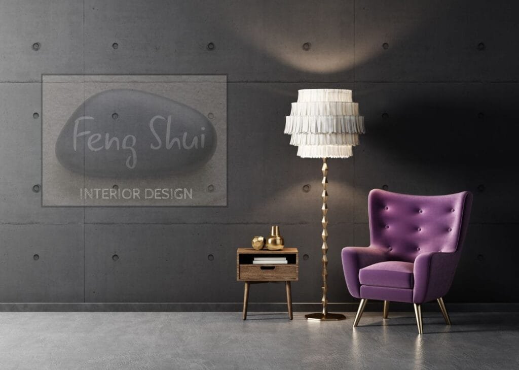 Interior space with a "Feng Shui" logo, showcasing elements of Feng Shui design, including balance and harmony, as discussed in "10 Powerful Feng Shui Concepts.