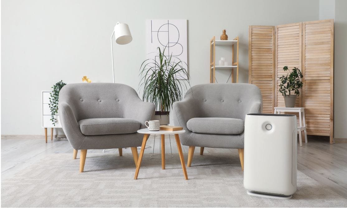 Room with an air purifier, promoting clean air, alongside furniture and plants, highlighting aspects of healthy indoor air quality