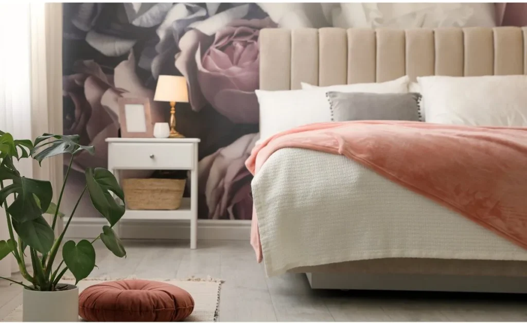 Feng shui bedroom with balanced furniture arrangement, soothing colors, and proper bed placement for optimal energy flow