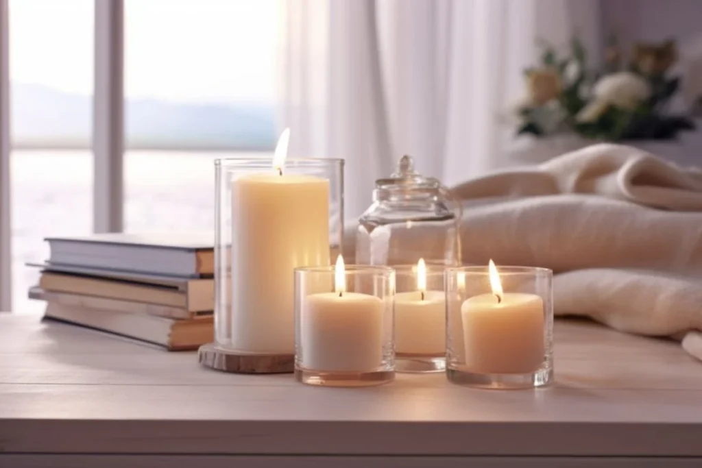 Non-toxic chemical free candles burning on a table in a cozy, eco-friendly home setting