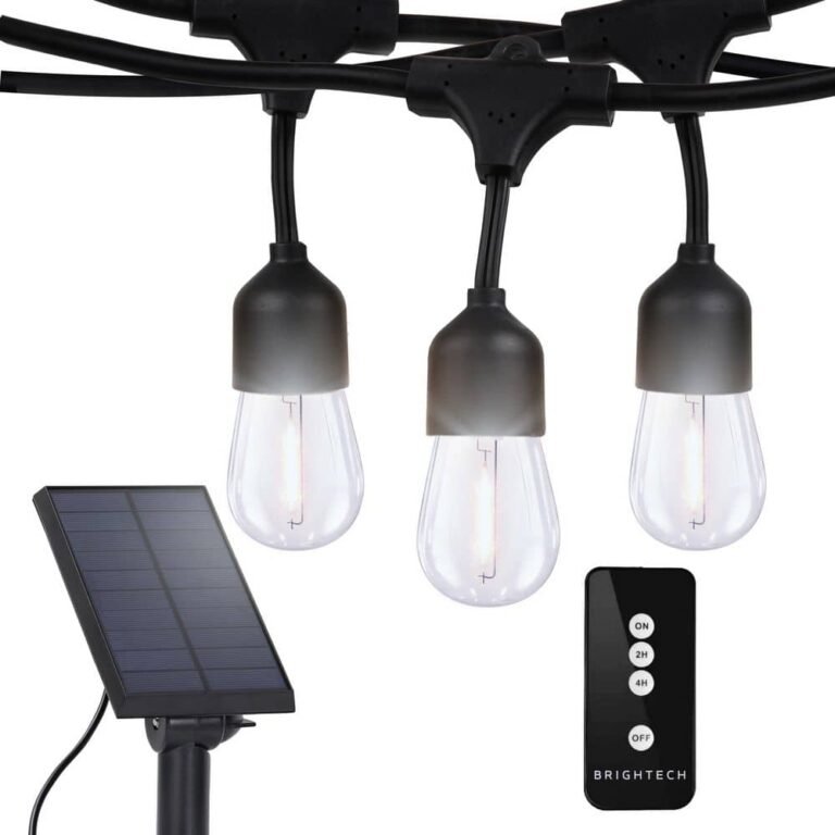 Solar-powered Brightech Ambience Pro hanging outdoor string lights and solar panel