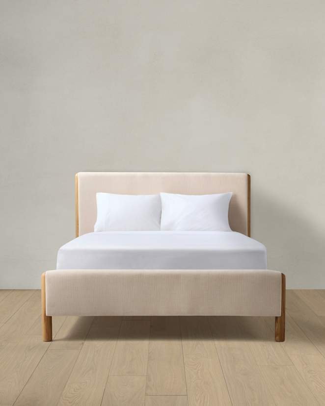 Quince solid wood and performance fabric upholstered bed