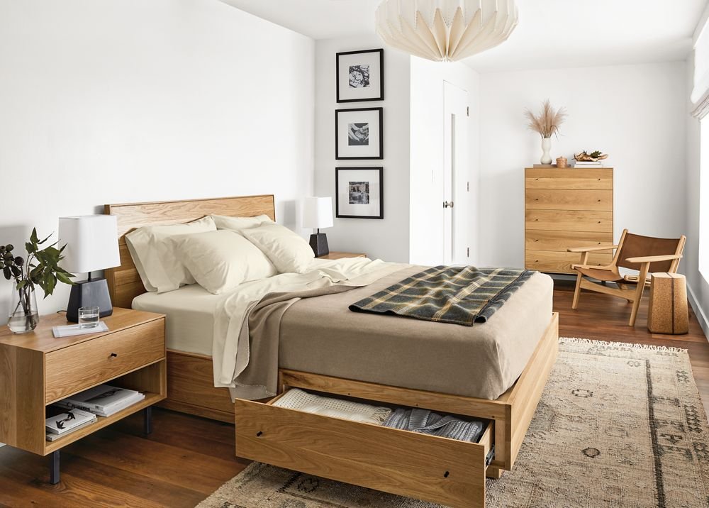 Room and Board Hudson solid wood bed with storage drawers